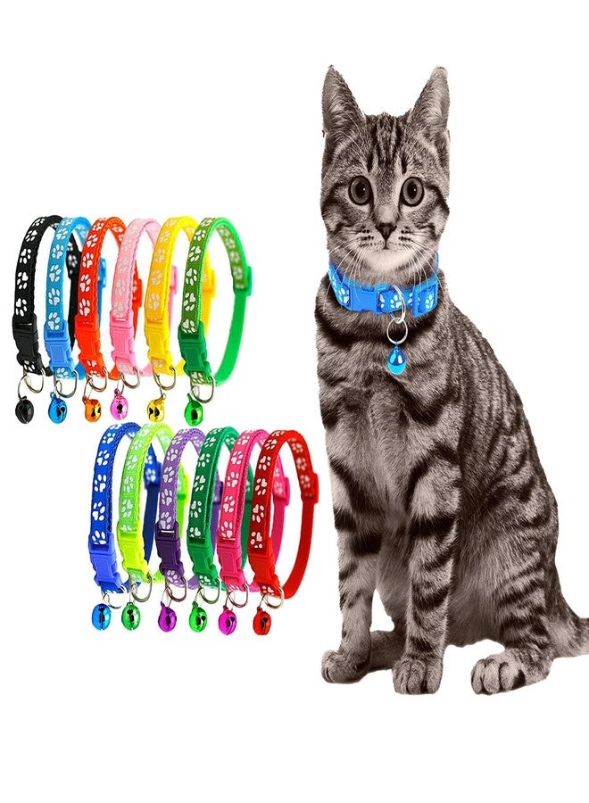 Pups&Pets Cat Collar Belt for Kitten with Bell Paw Print Nylon Made Adjustable Size Pet Safe Collars for Cats Rabbit (Random Color, Pack of 2) - Image 1